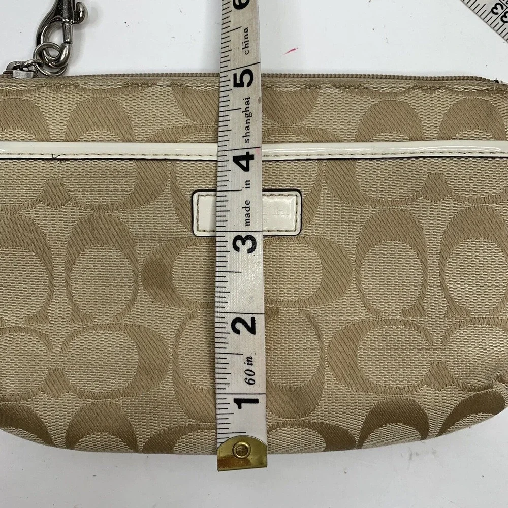 Coach Small Wristlet Signature Jacquard Monogram Khaki Tan White Patent Leather
